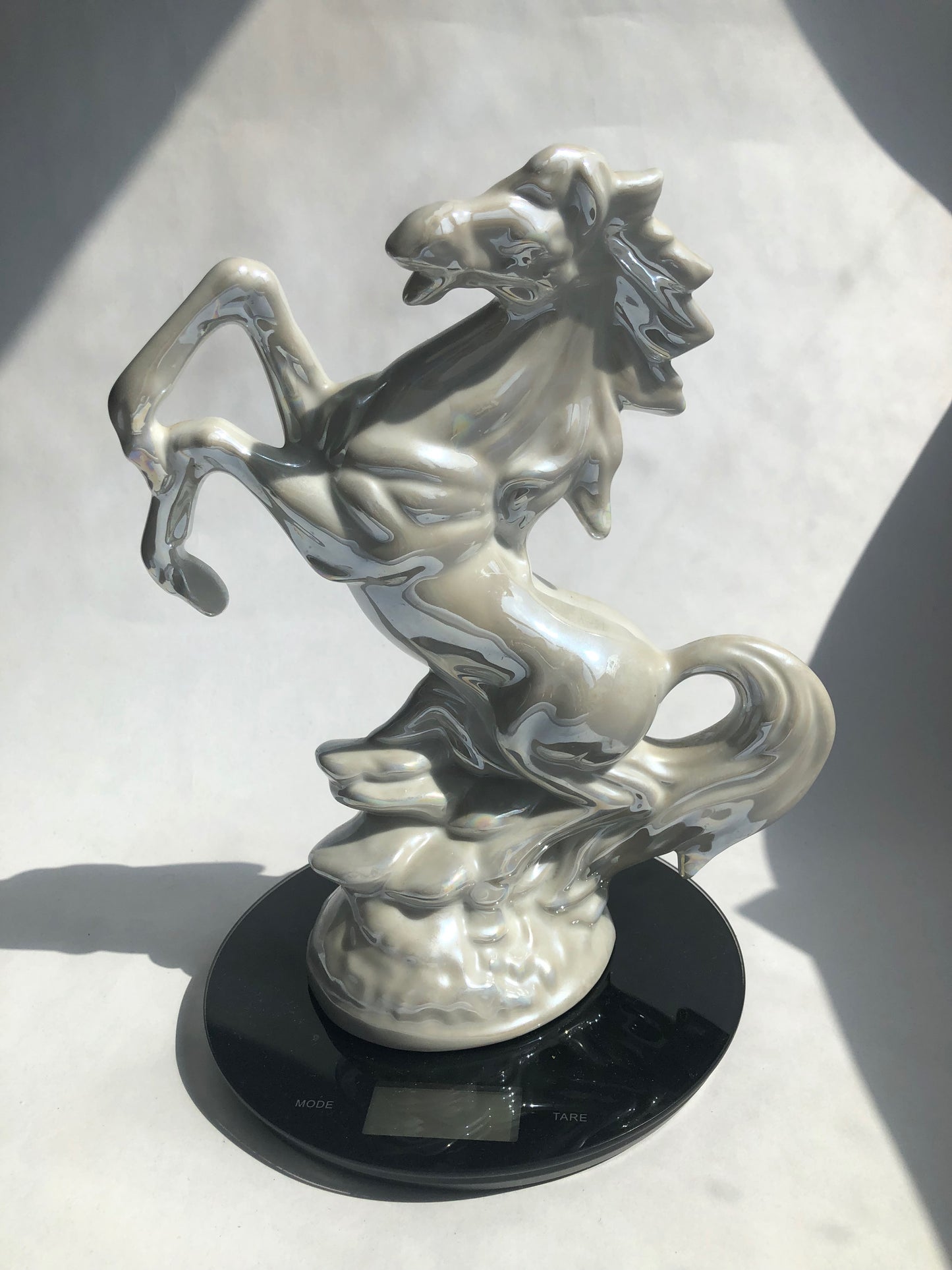 Large Vintage Pearlescent Ceramic Rearing Horse Figurine