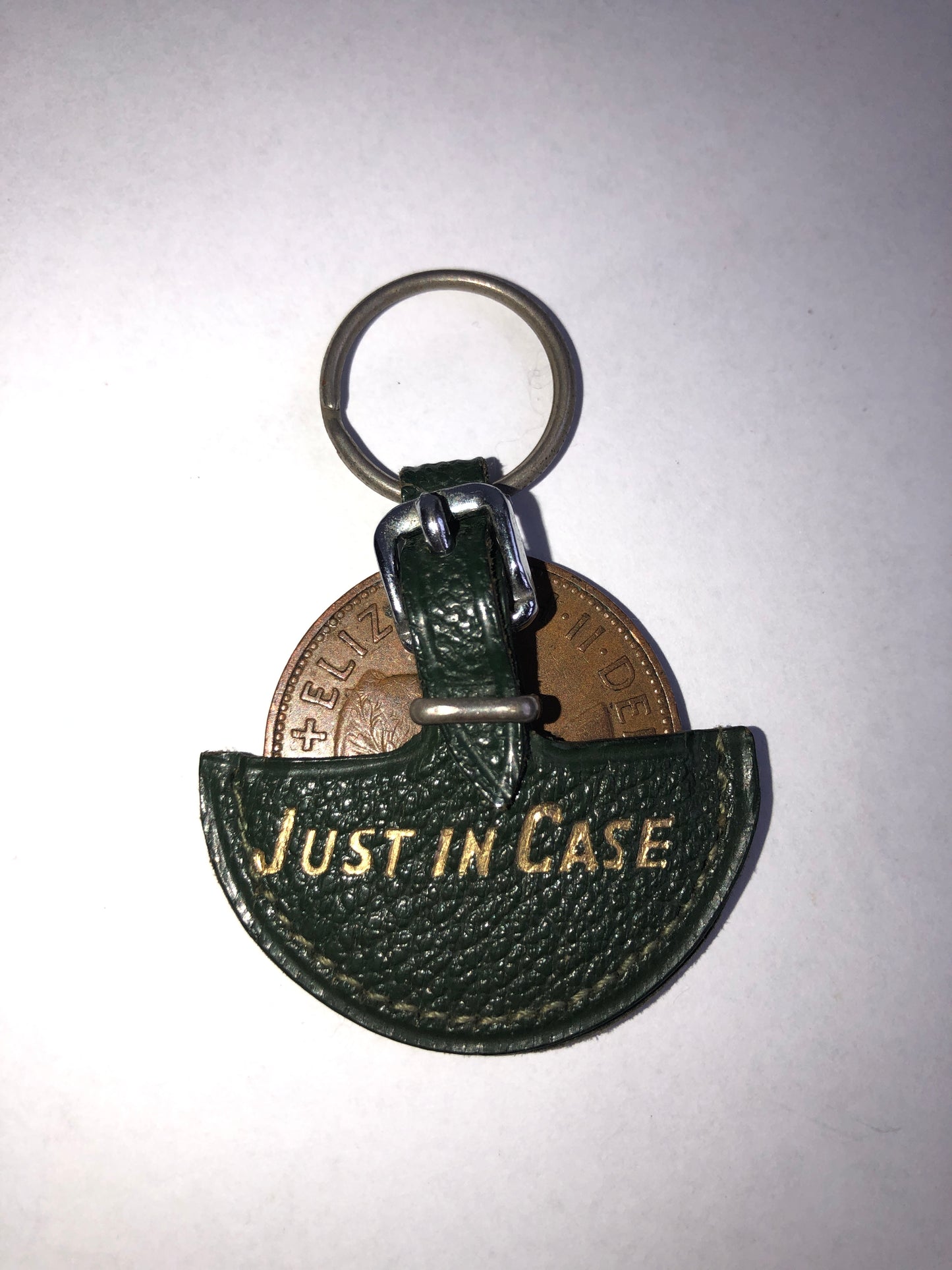 Vintage Green Leather "JUST IN CASE" Penny Holder Keyring with 1962 Penny