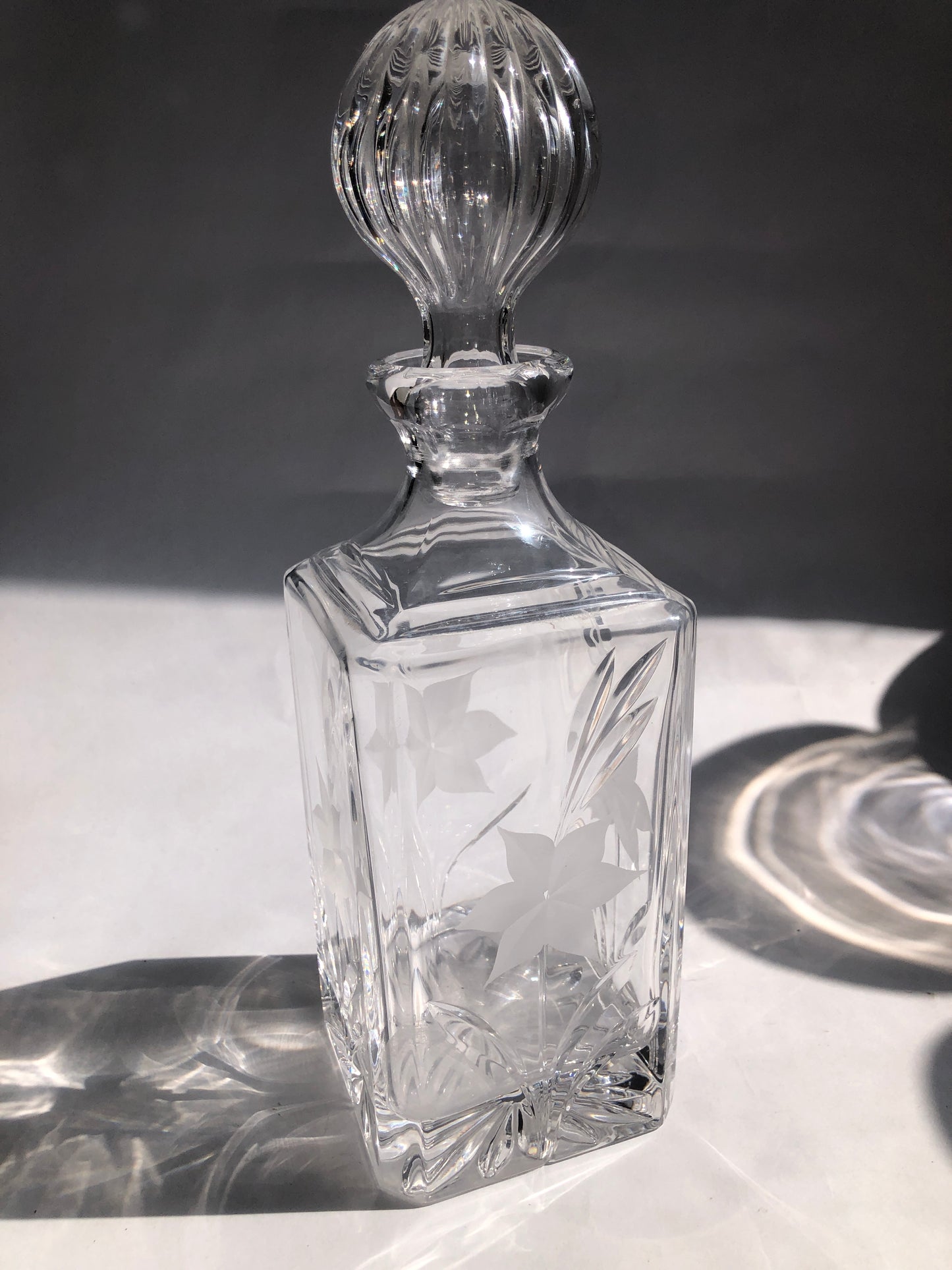 Square Crystal Decanter - Etched Flower/Star, Fluted Stopper (Style 2)