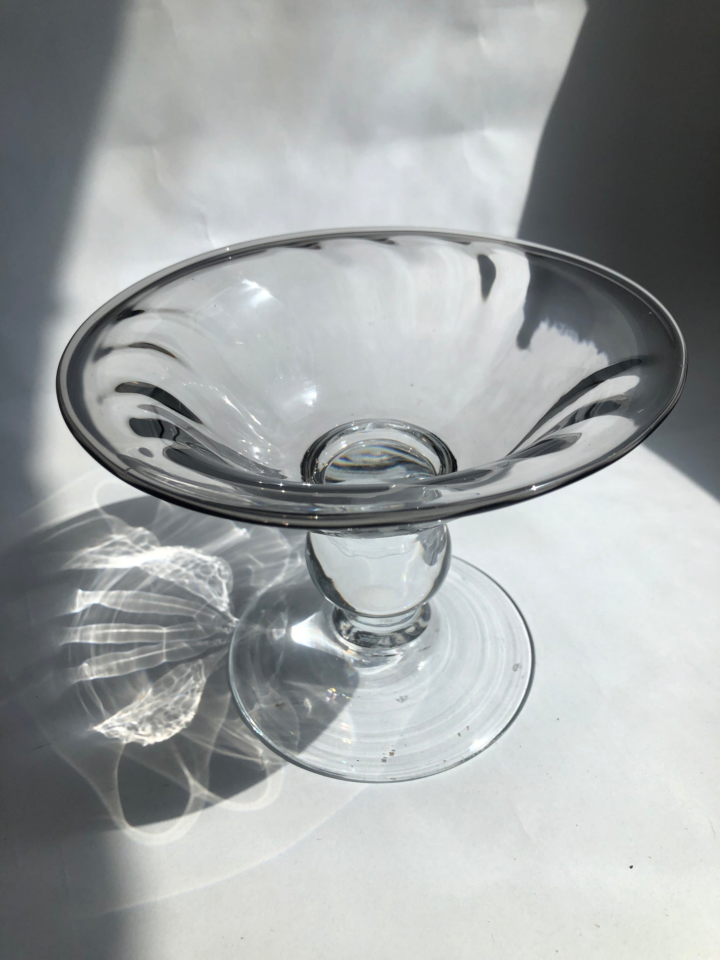 Vintage Smoky Grey Glass Compote Dish with Optic Swirl & Ball Stem