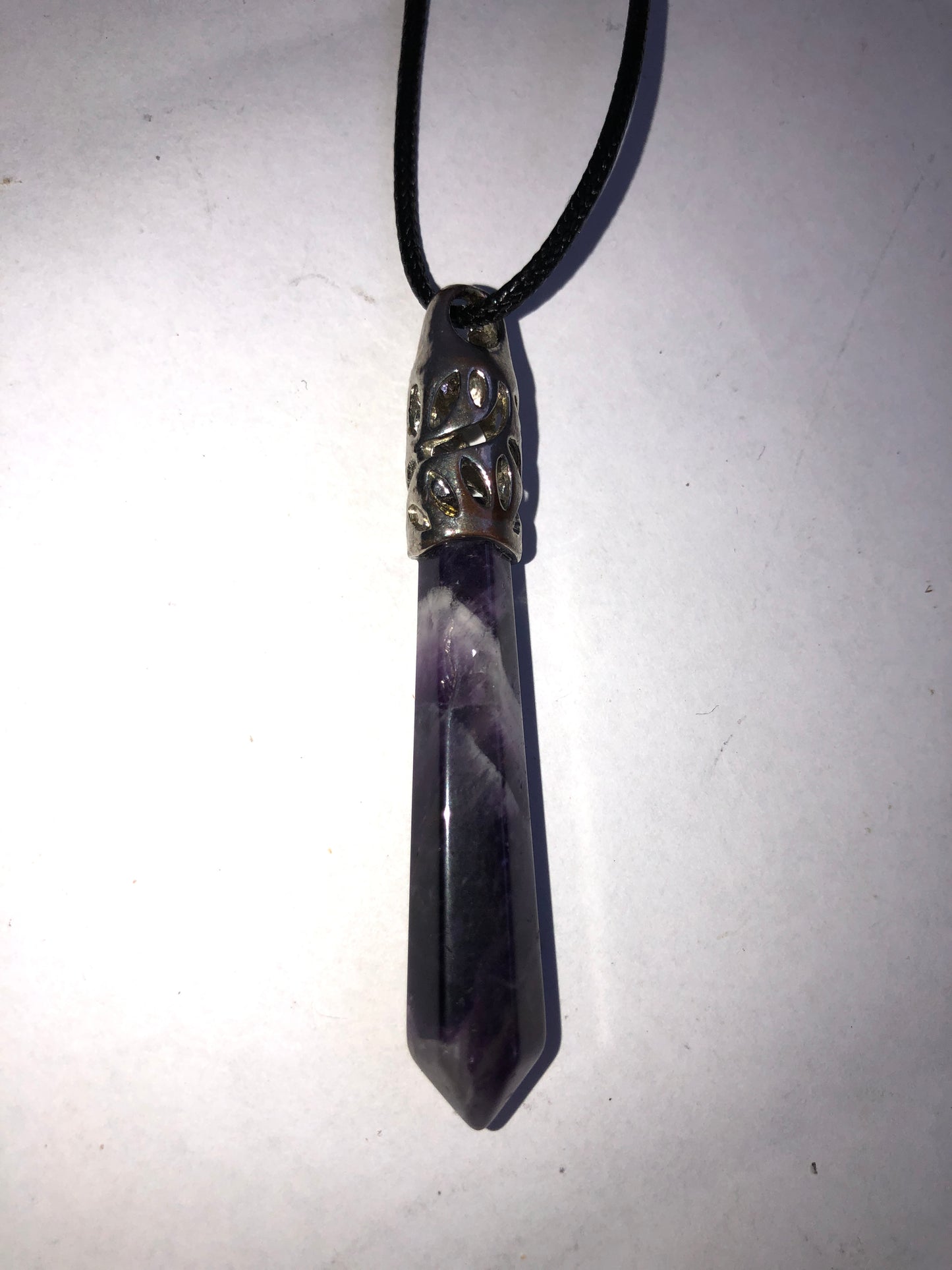 Amethyst Crystal Point Pendant on Black Cord Necklace