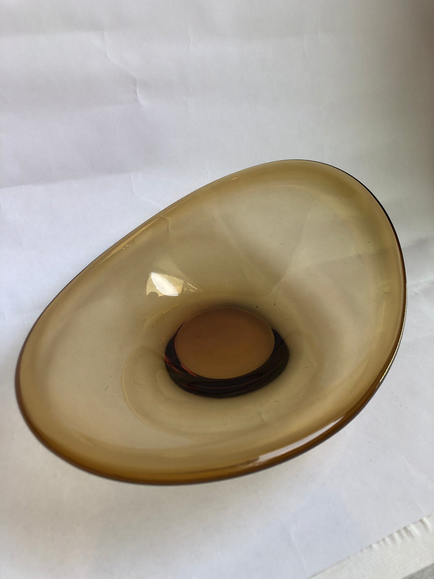 Vintage Amber Art Glass Bowl Rounded Triangular Mid-Century Style