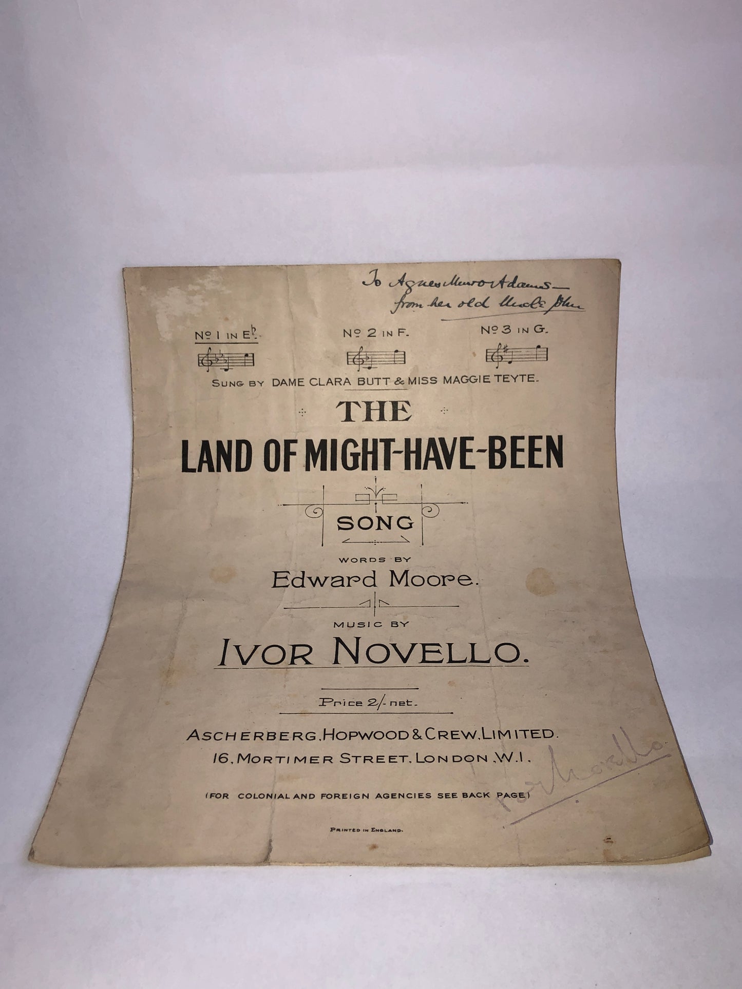Signed Ivor Novello Sheet Music "The Land of Might-Have-Been" Vintage c.1921