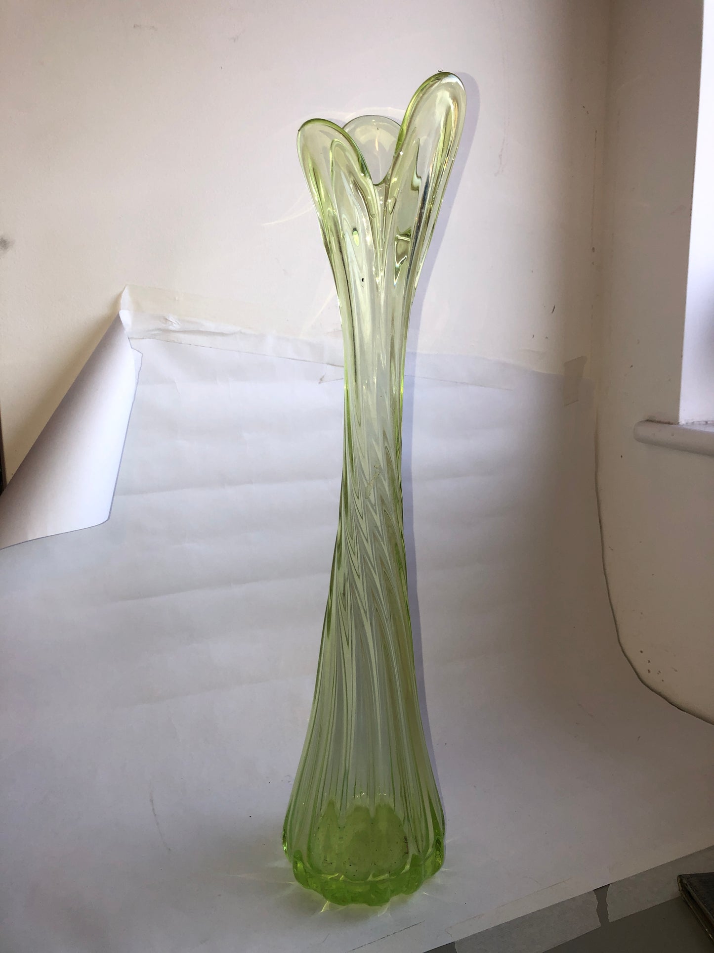 Tall Vintage Green Swung Glass Vase Petal Top