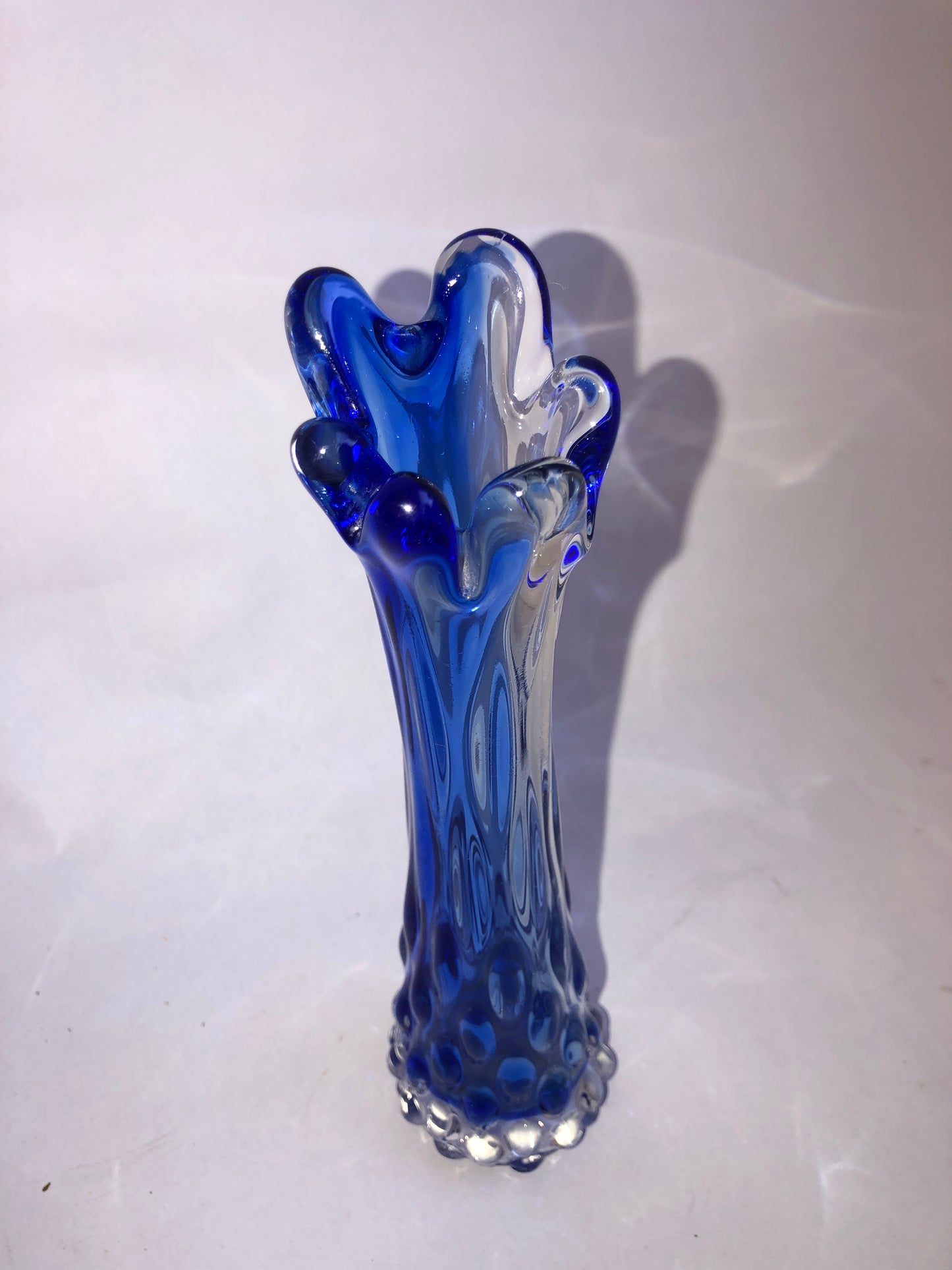 Vintage Murano Style Blue Art Glass Vase Pulled Lobes Knobbly Base