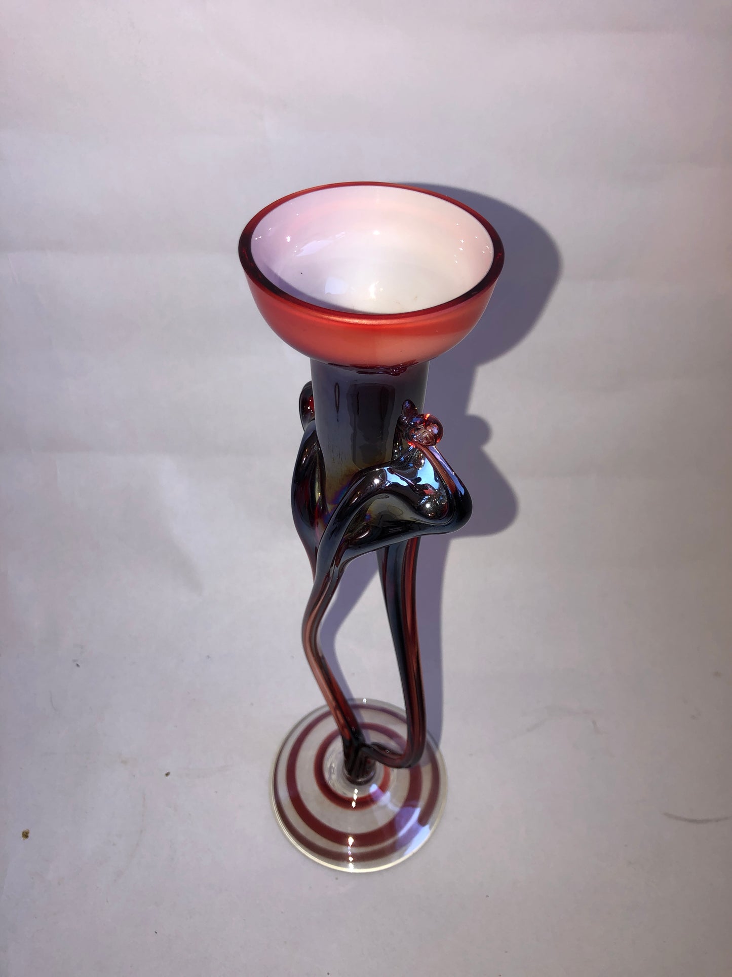 Jozefina Krosno Art Glass Candlestick Red White Bowl Iridescent Stem