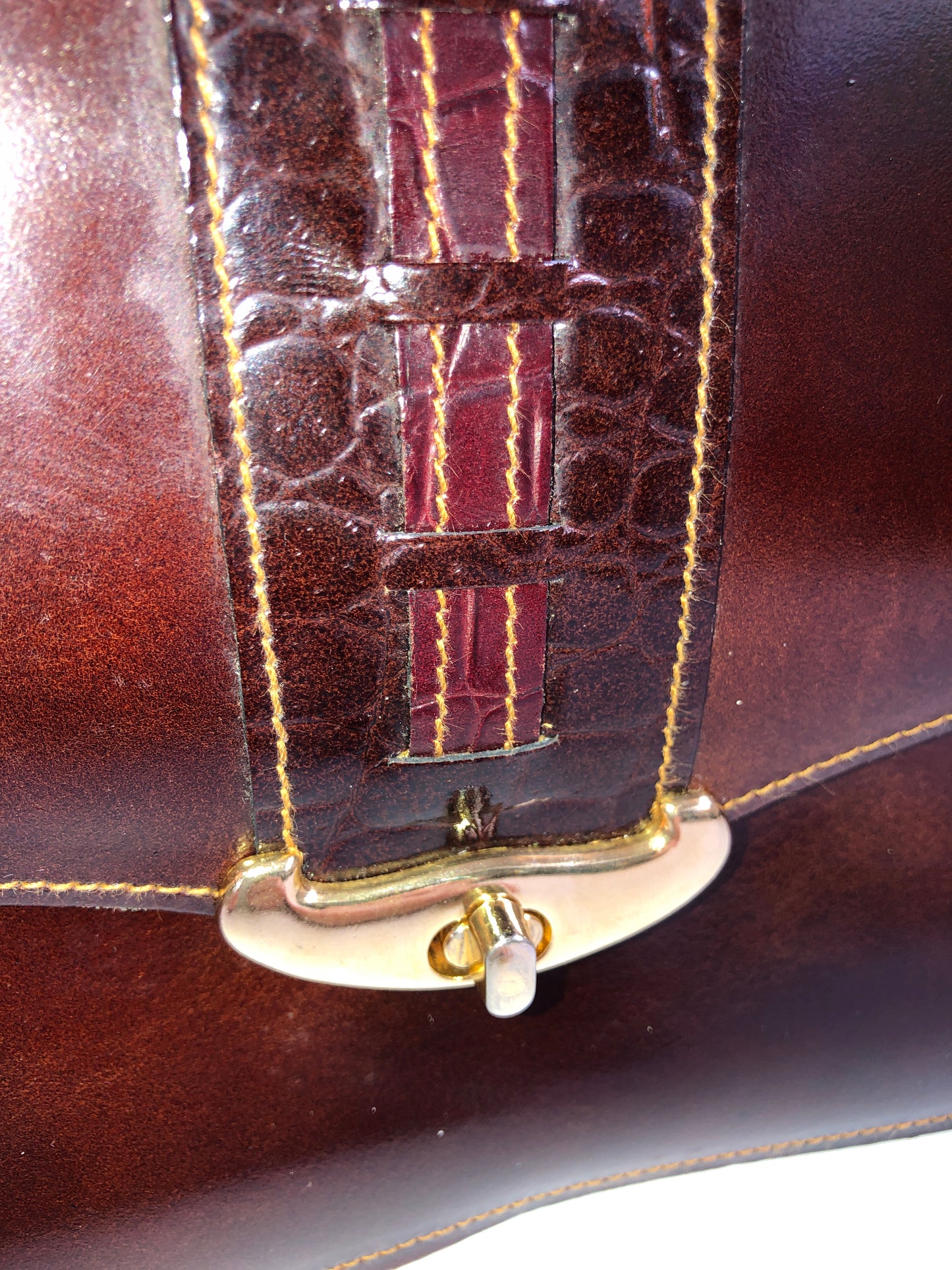 Vintage Brown Leather Crossbody Bag - Mock Croc Accent