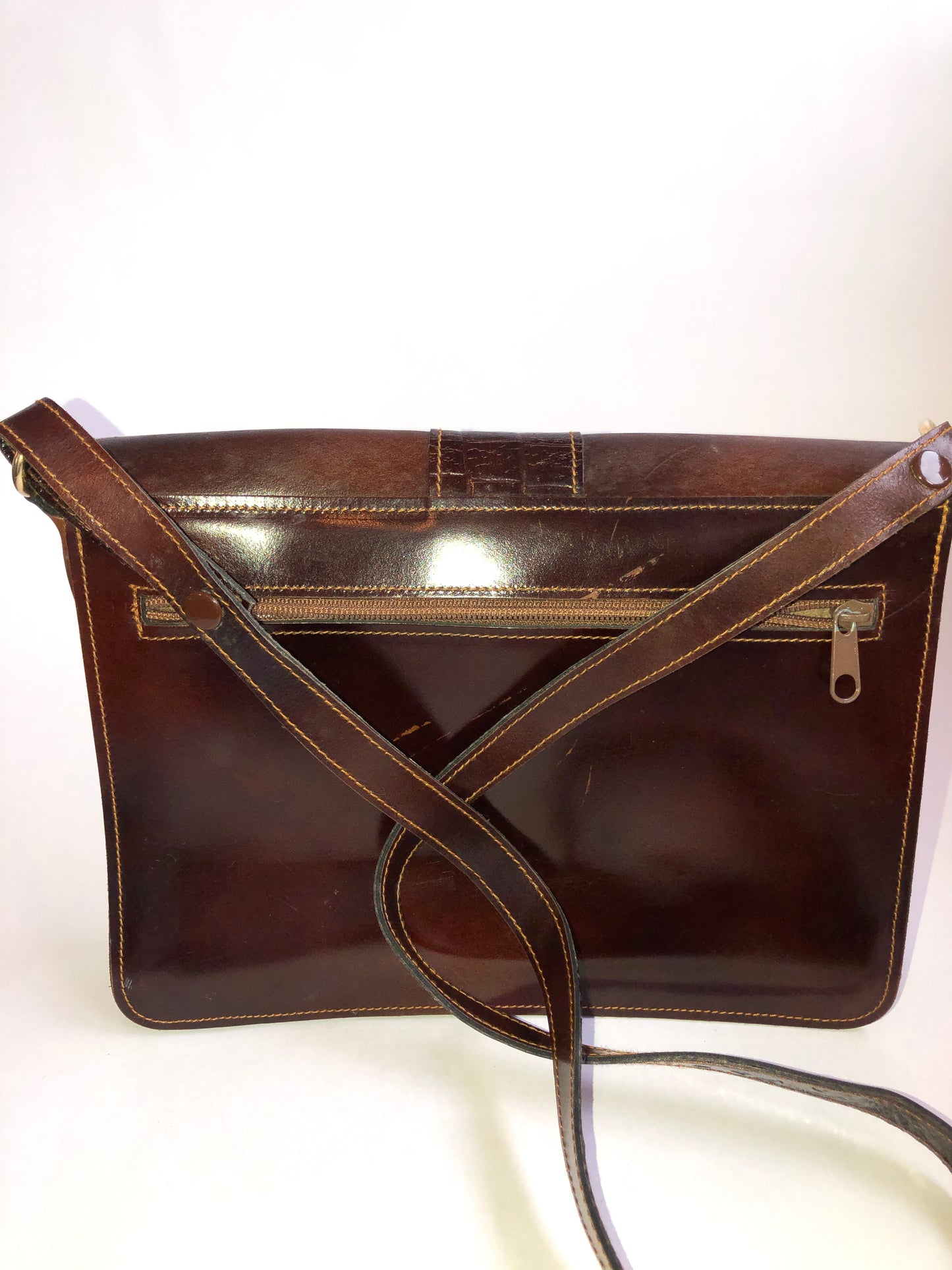 Vintage Brown Leather Crossbody Bag - Mock Croc Accent