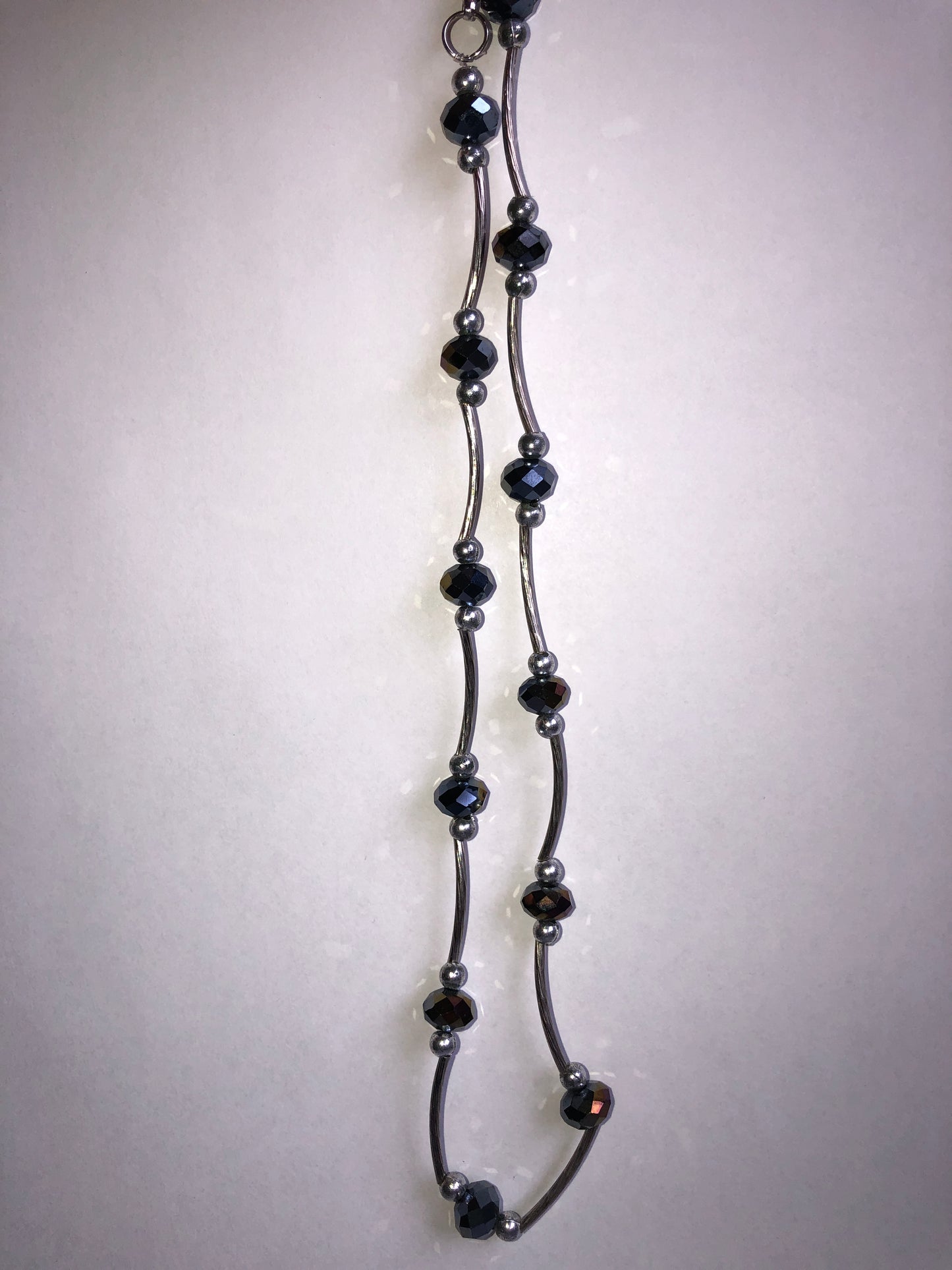 Modern Dark Iridescent Faceted Bead & Silver Tone Tube Necklace