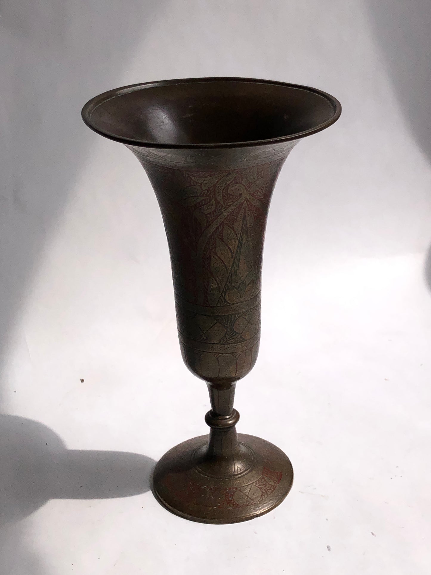 Vintage Etched Brass/Bronze Trumpet Vase with Red Accents
