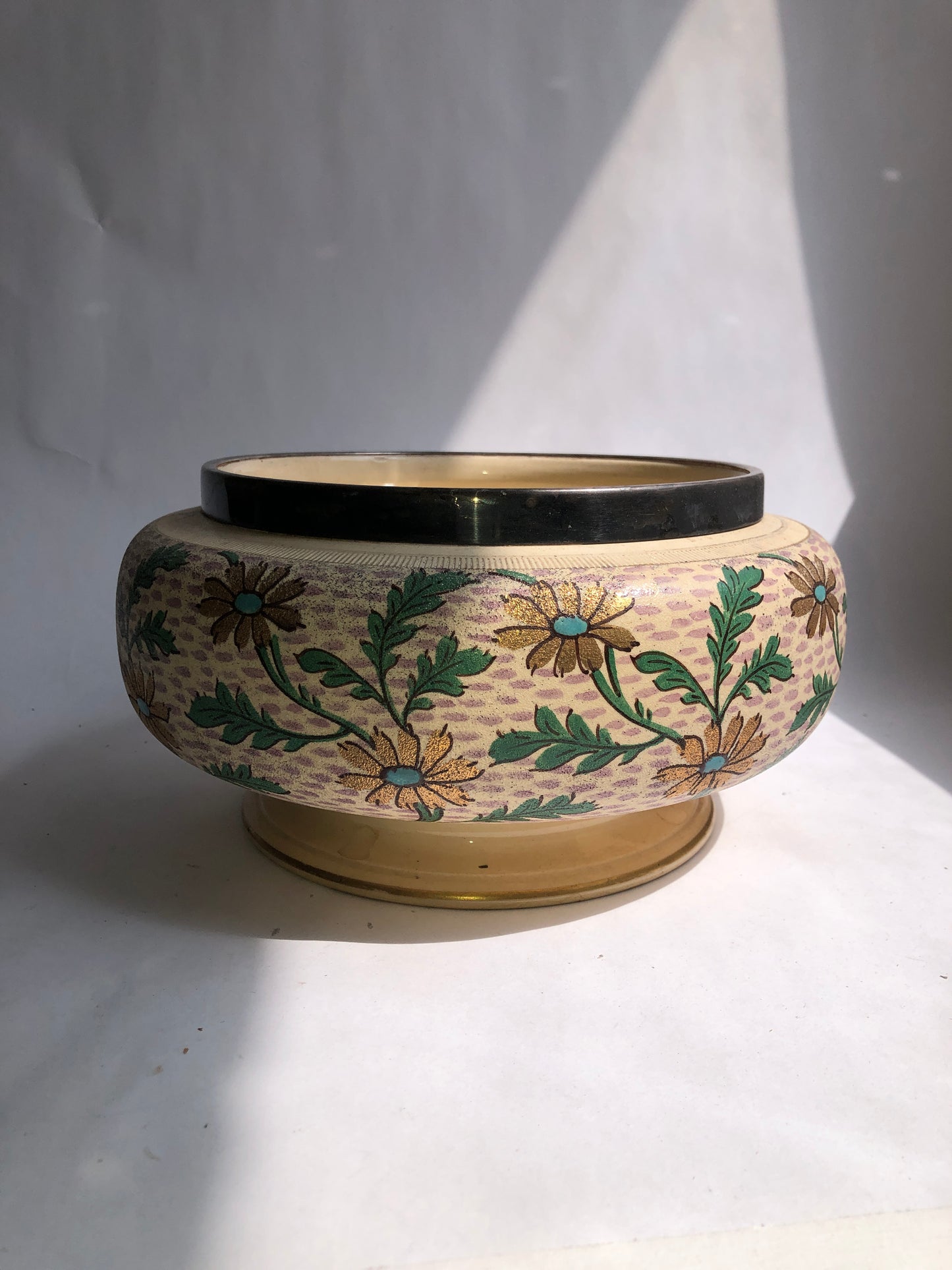 Vintage Hand-Painted Floral Ceramic Bowl with Metal Rim