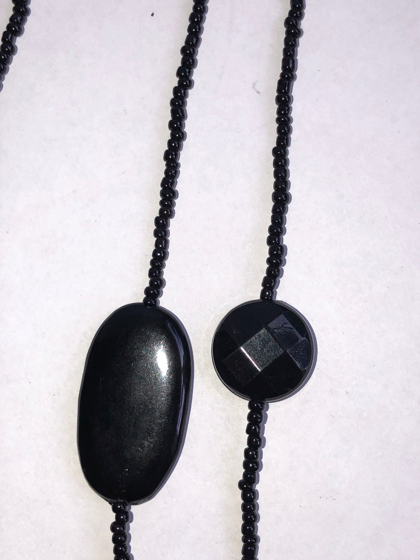 Long Black Seed Bead Necklace with Multi-Shape Glass Accents