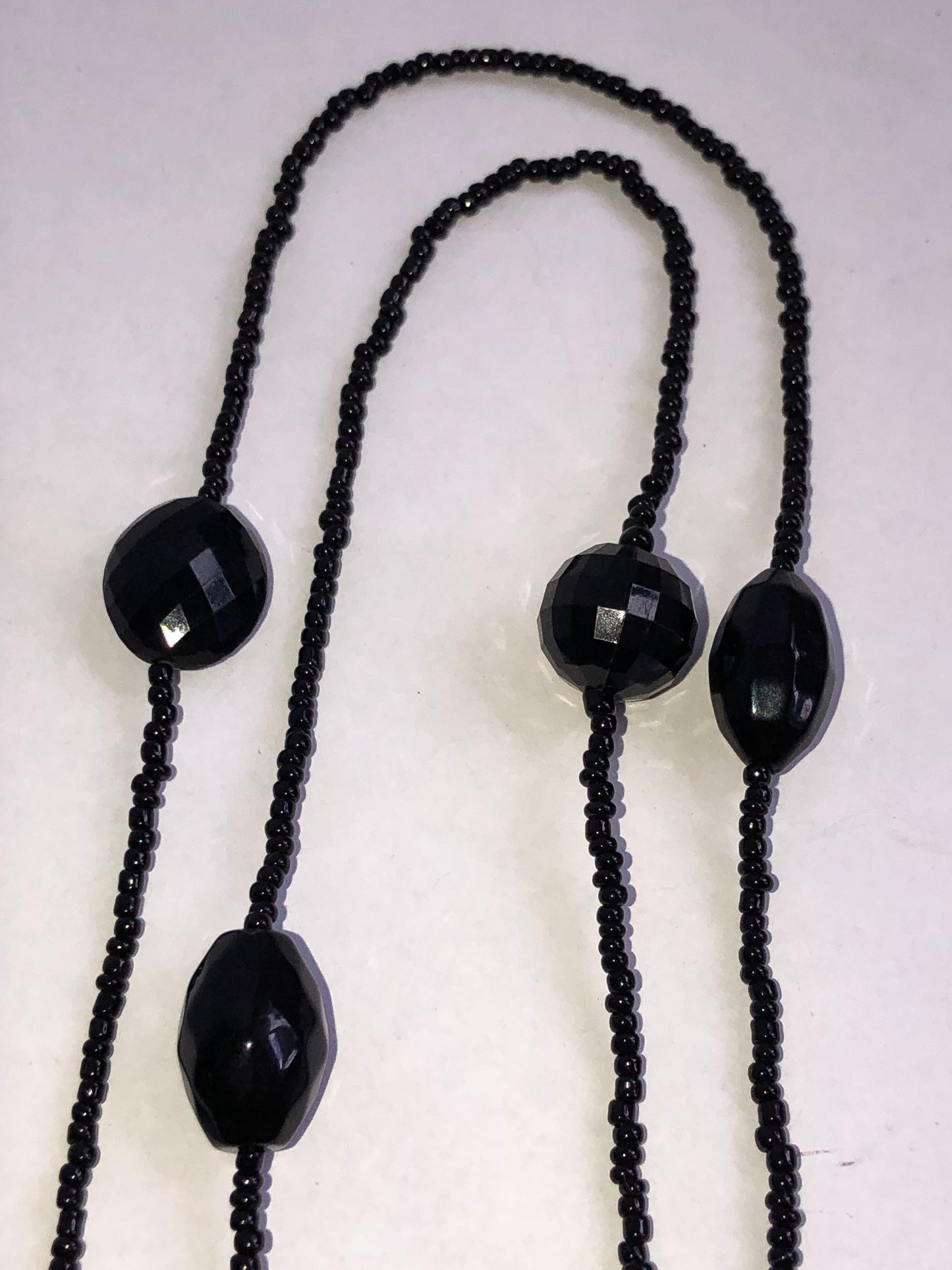 Long Black Seed Bead Necklace with Multi-Shape Glass Accents