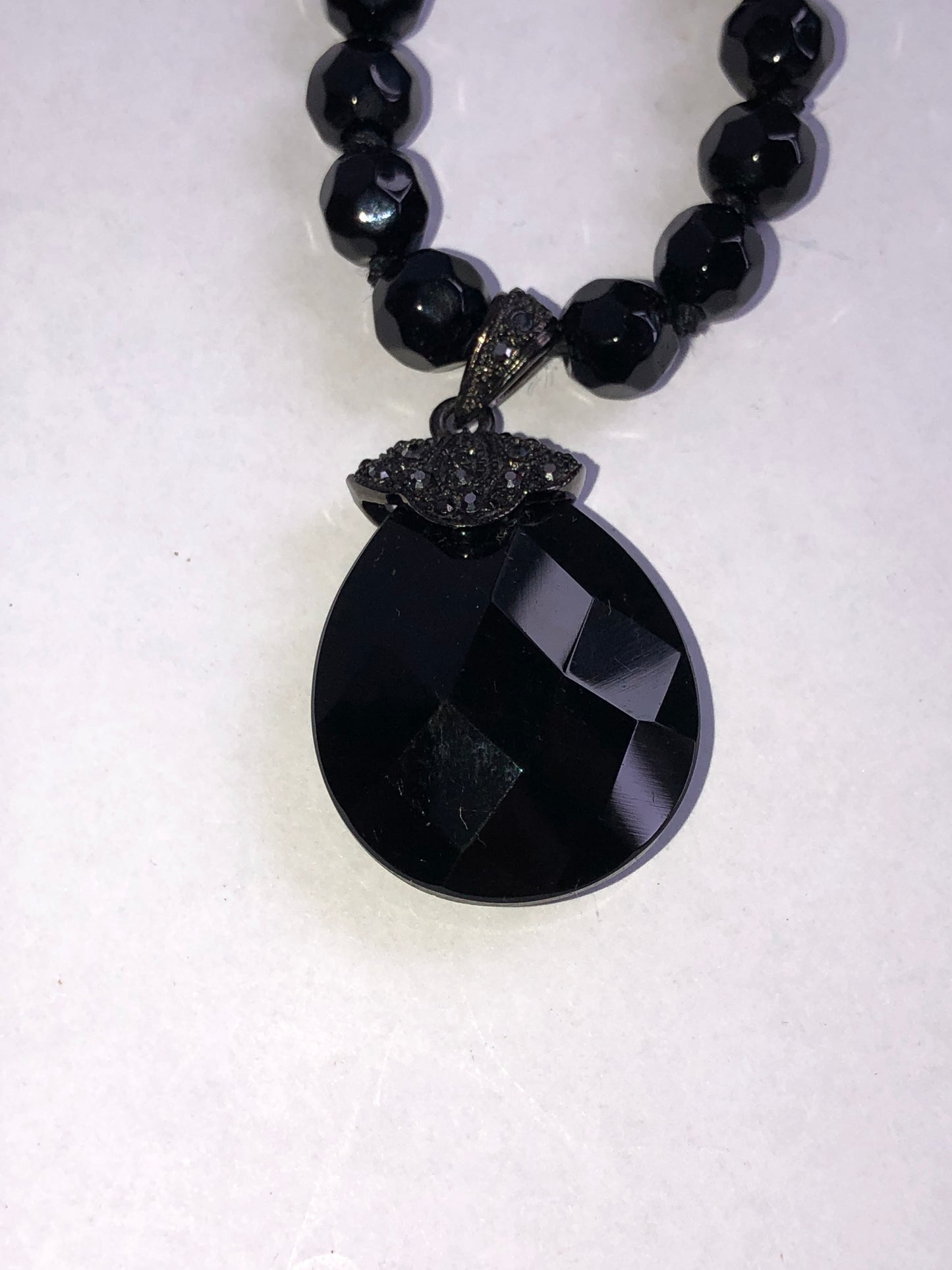 Vintage Black Faceted Pendant Necklace with Marcasite Accents