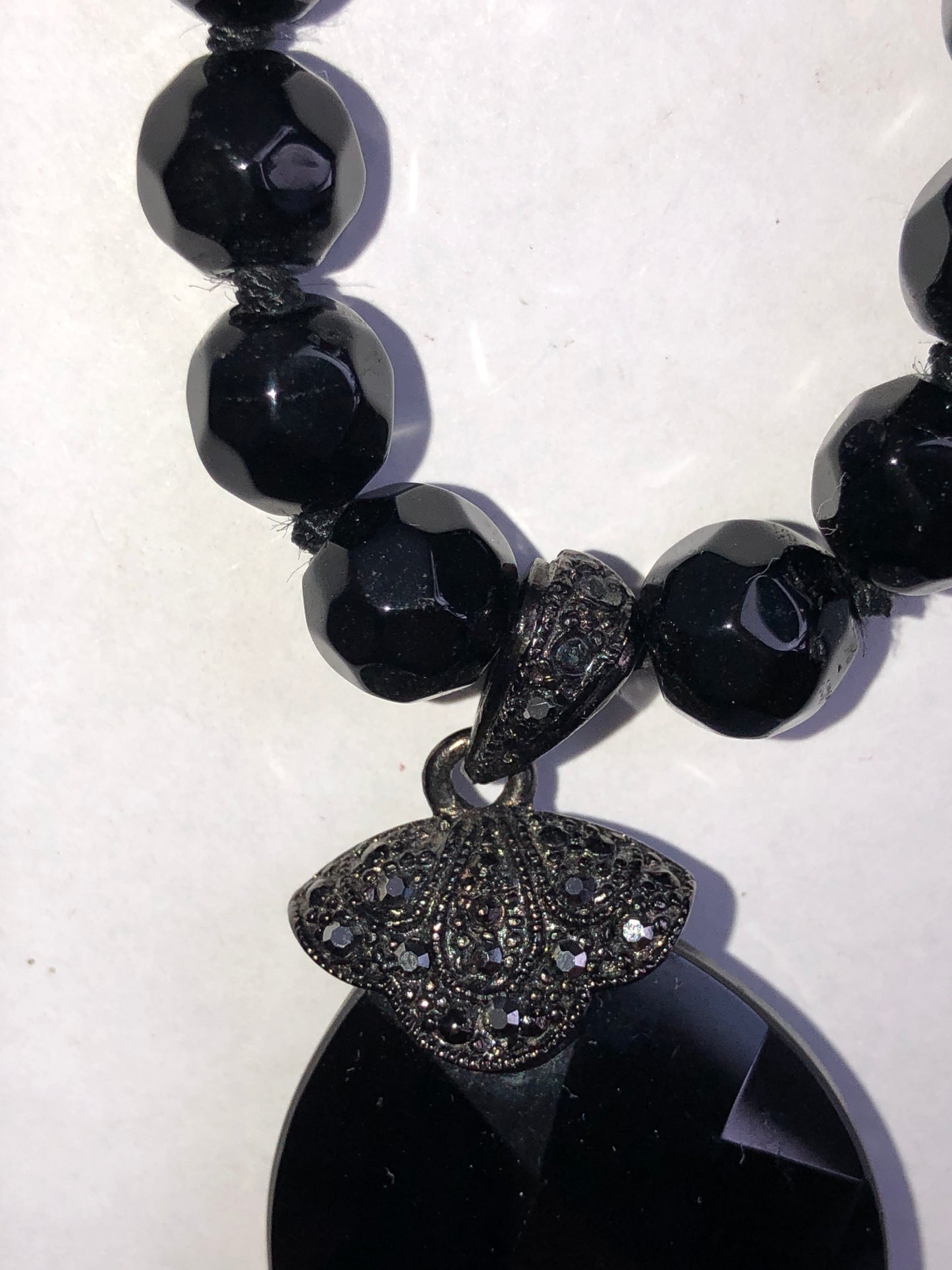 Vintage Black Faceted Pendant Necklace with Marcasite Accents