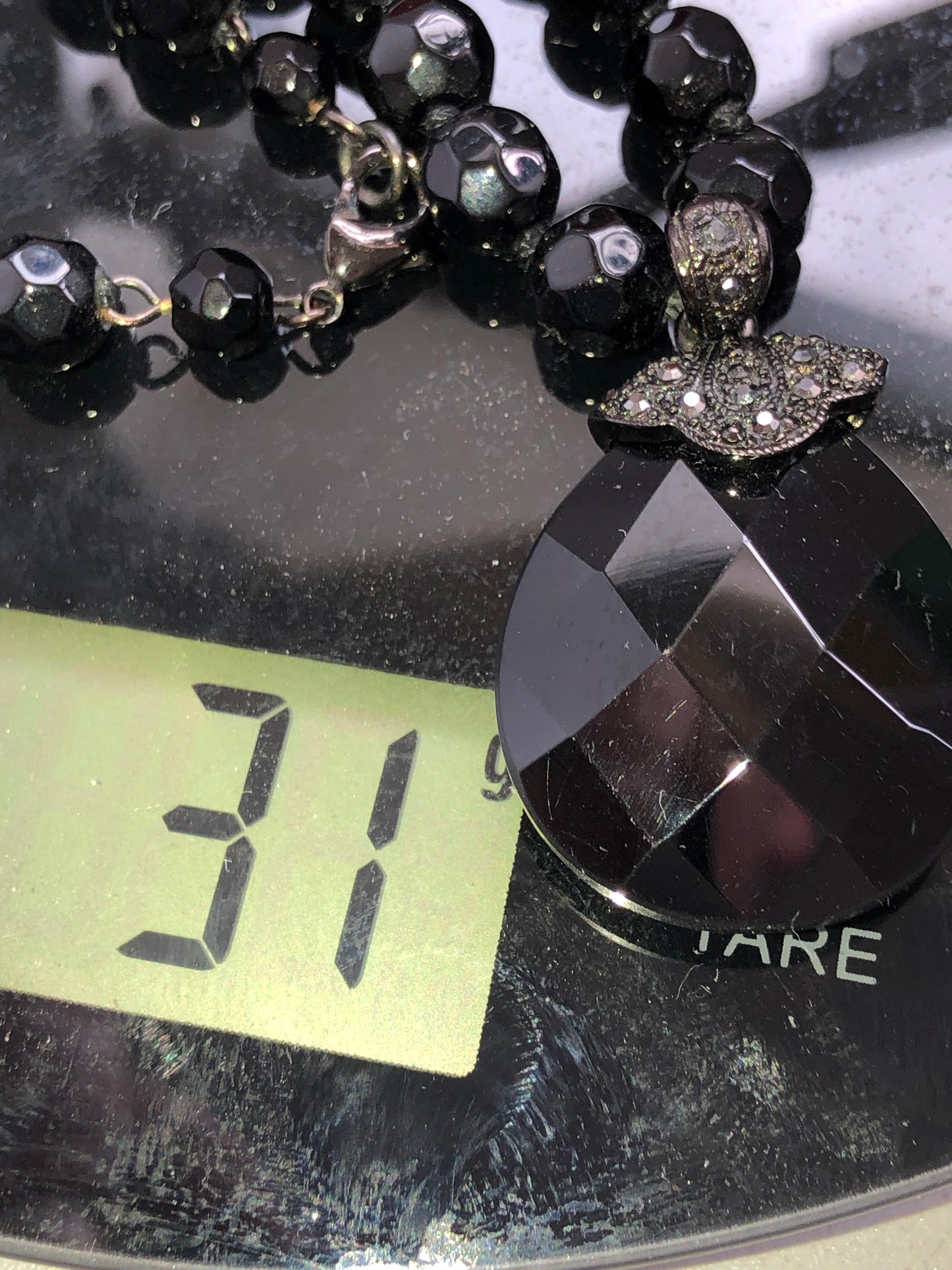 Vintage Black Faceted Pendant Necklace with Marcasite Accents