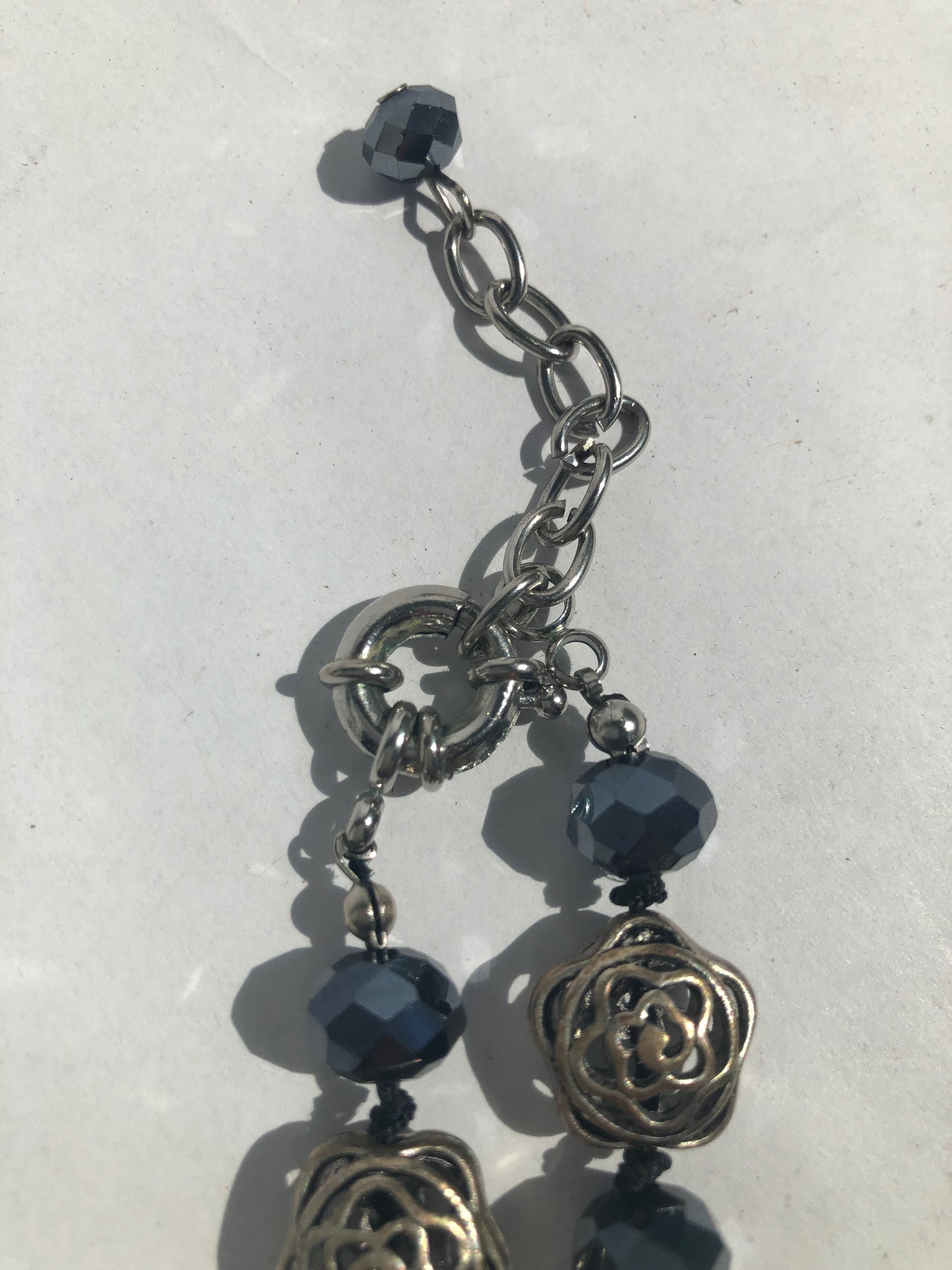 Dark Metal Rose & Bead Necklace with Toggle Clasp - Gothic Romance Style