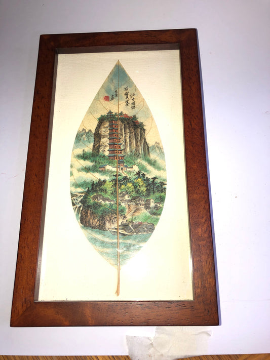 Framed Painted Bodhi Leaf Art - Asian Landscape with Pagoda (Stained Mount)