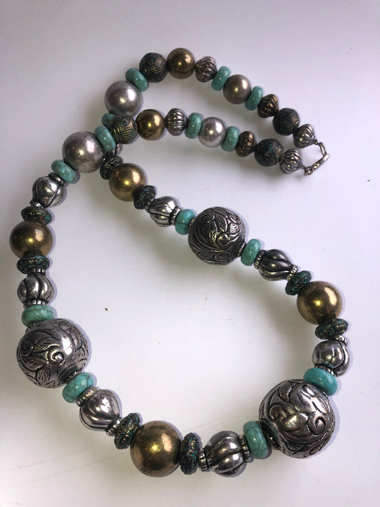 Antiqued Metal Rose & Black Faceted Bead Necklace