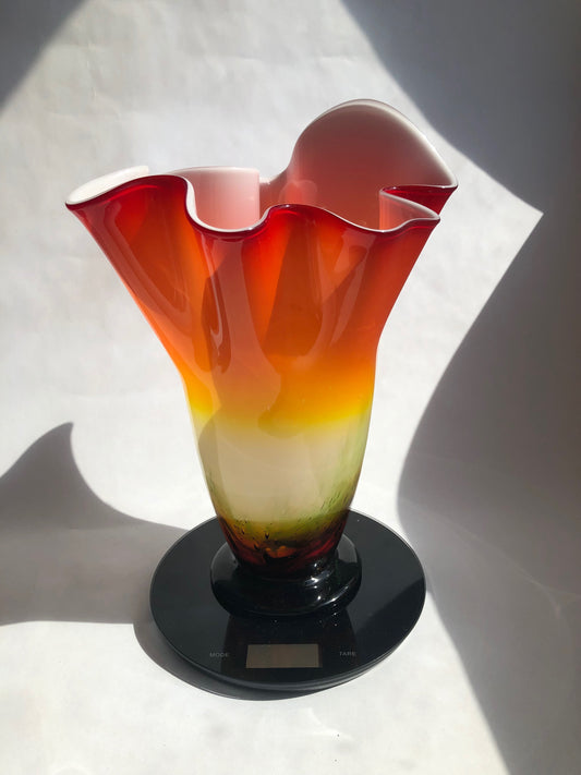 Vintage Murano Style Sommerso Glass Handkerchief Vase Red Orange Green
