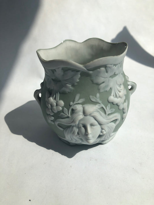 Vintage Green Jasperware Style Pot/Vase with Classical Sprigging (GS Mark)