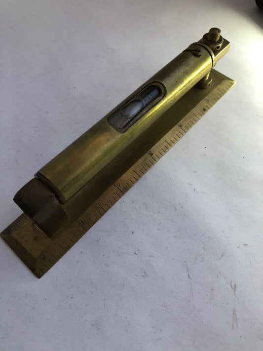 Vintage 6-Inch Brass Spirit Level with Integrated Ruler Base