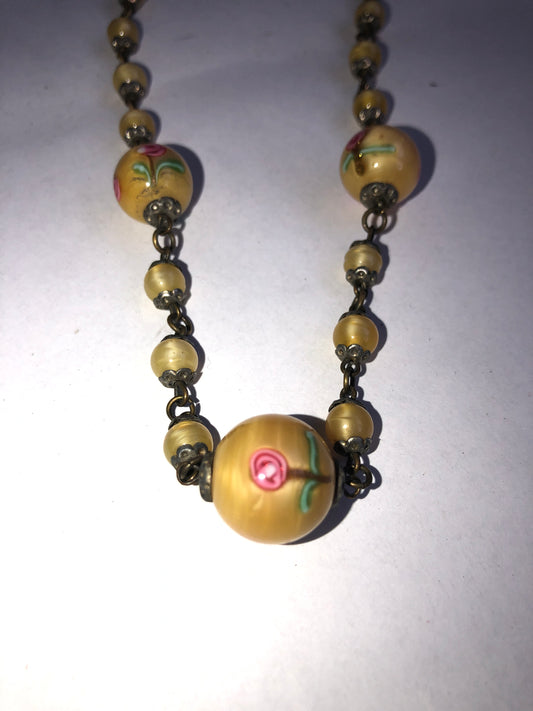 Vintage Yellow Floral Hand-Painted Bead Necklace