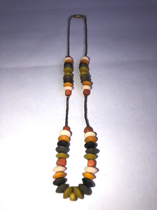 Vintage Earthtone Stacked Disc Bead Necklace with Silver-Tone Tubes