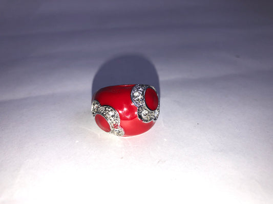 Chunky Red Dome Fashion Ring with Rhinestone Accents