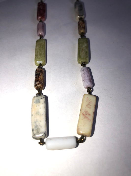 Vintage Multicolour Oblong Bead Necklace (Likely Stone/Art Glass)