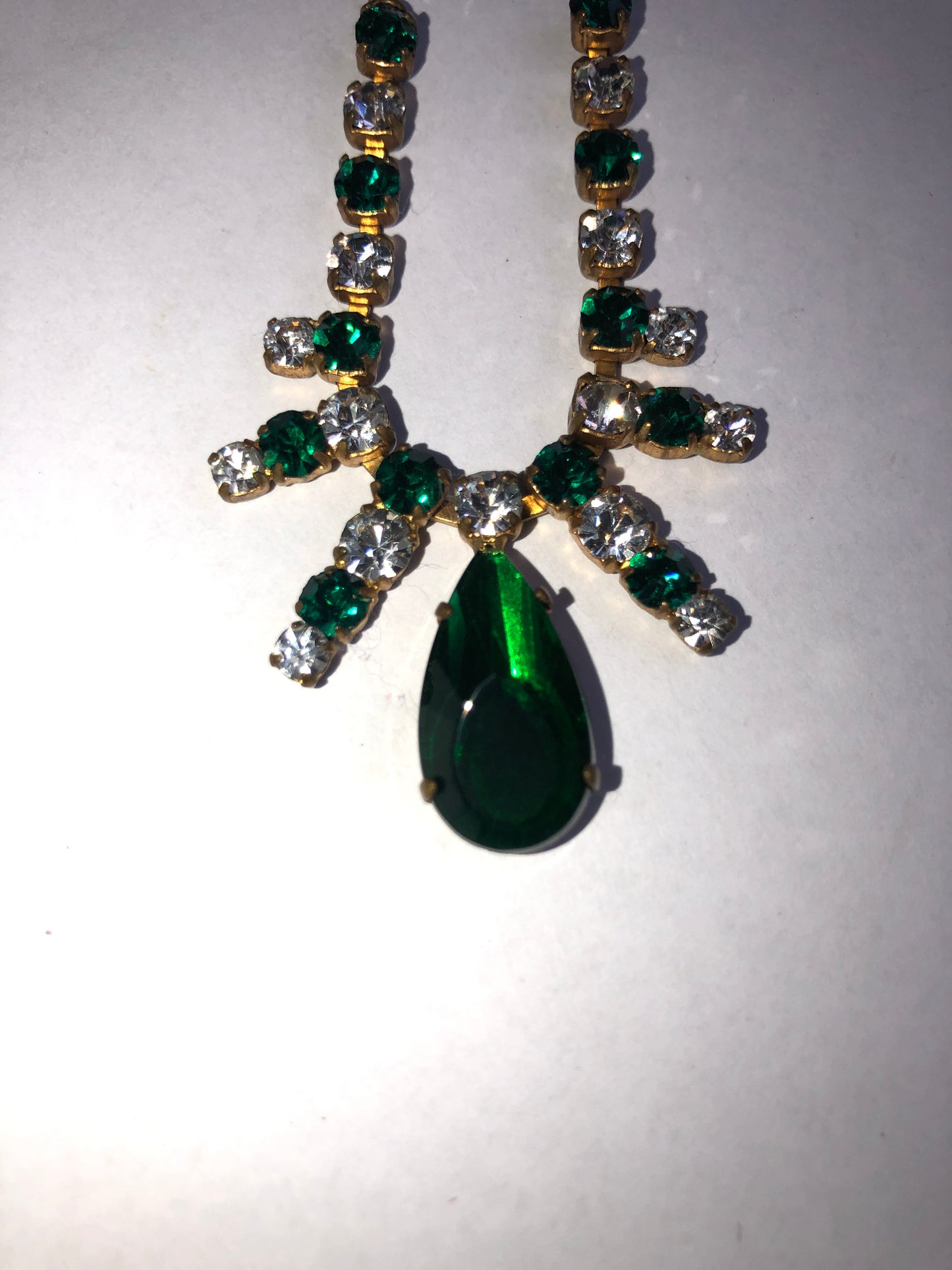Vintage Emerald Green & Clear Rhinestone Teardrop Necklace