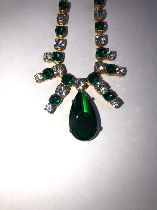 Vintage Emerald Green & Clear Rhinestone Teardrop Necklace
