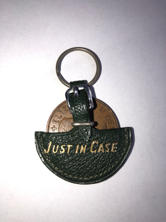 Vintage Green Leather "JUST IN CASE" Penny Holder Keyring with 1962 Penny