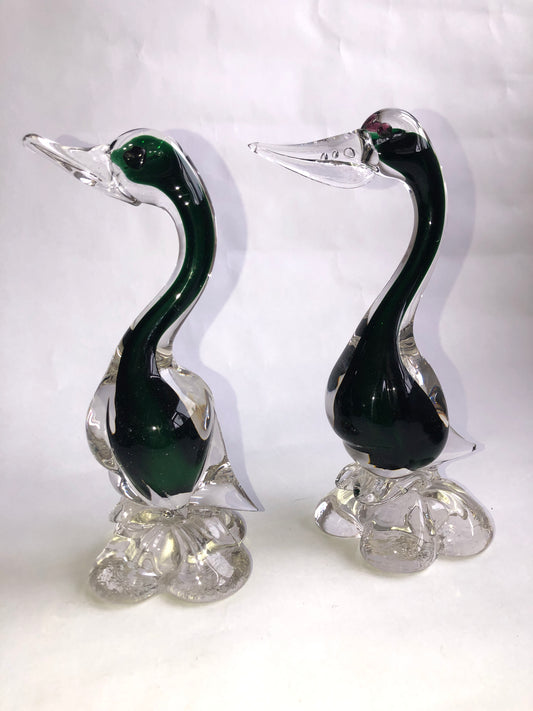Pair of Vintage Murano Style Art Glass Green Ducks/Birds
