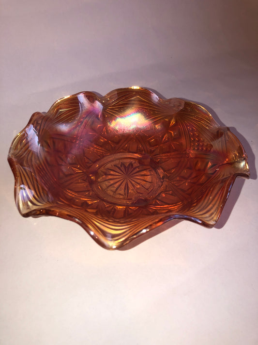 Marigold Carnival Glass Footed Bowl - Diamond & Star Pattern