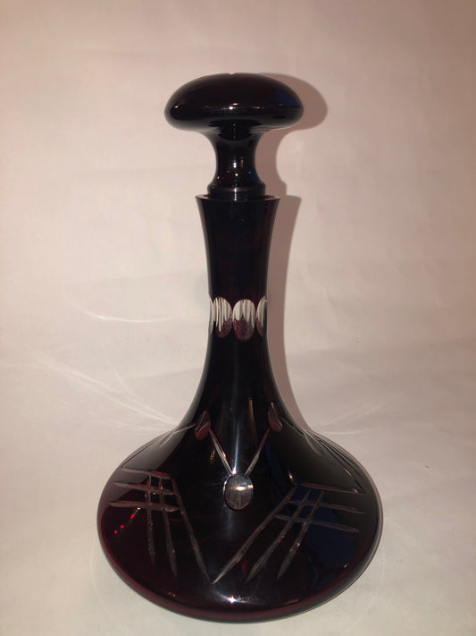 Vintage Bohemian Ruby Amethyst Cut-to-Clear Glass Decanter