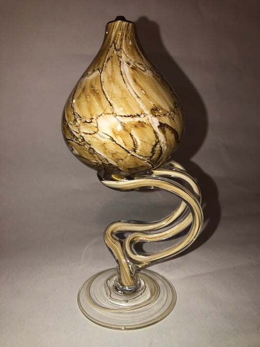 Art Glass "Jellyfish" Style Oil Lamp - Brown & Beige Swirl