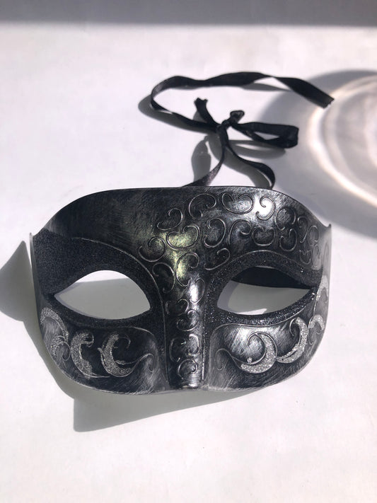 Venetian Style Masquerade Mask - Black & Silver Glitter Swirls