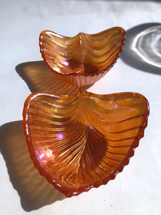 Pair of Vintage Marigold Carnival Glass Leaf / Shell Shaped Dishes