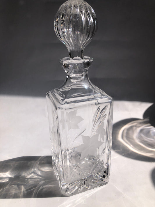 Square Crystal Decanter - Etched Flower/Star, Fluted Stopper (Style 2)