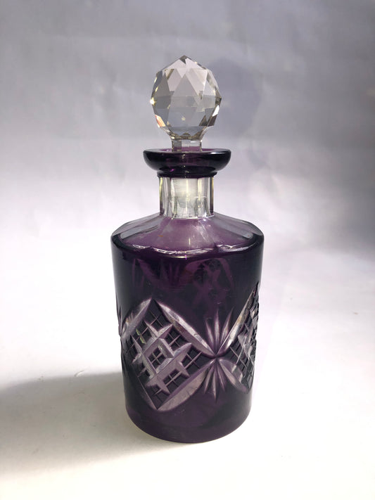 Vintage Amethyst Purple Cut-to-Clear Glass Perfume Bottle / Small Decanter
