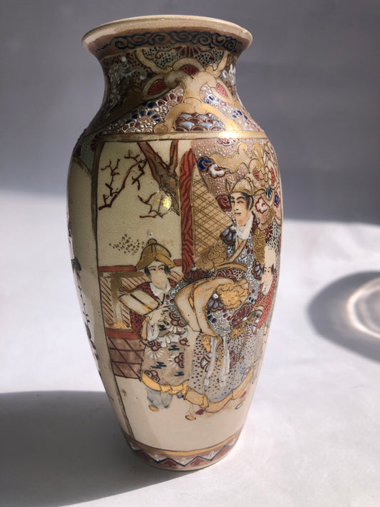 Vintage Japanese Satsuma Pottery Vase - Hand Painted Figures & Gilt Detail