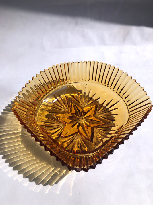 Vintage Amber Pressed Glass Bowl - Starburst Base & Fluted Rim