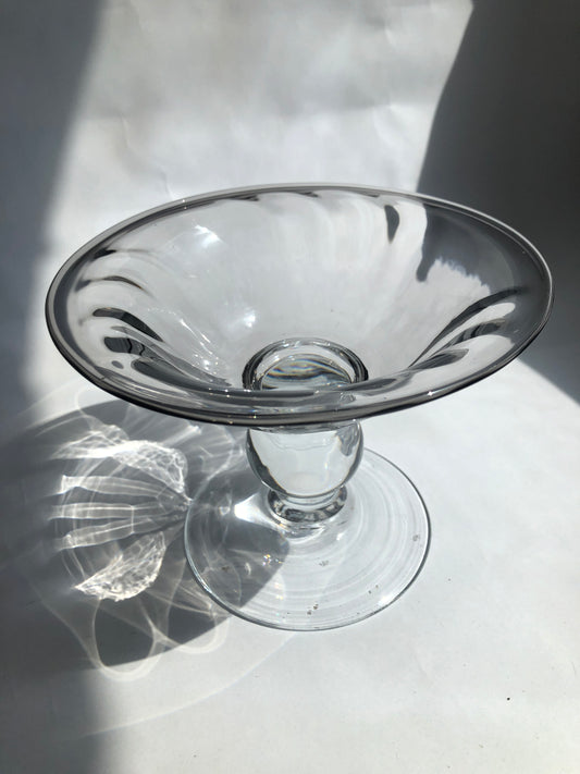 Vintage Smoky Grey Glass Compote Dish with Optic Swirl & Ball Stem