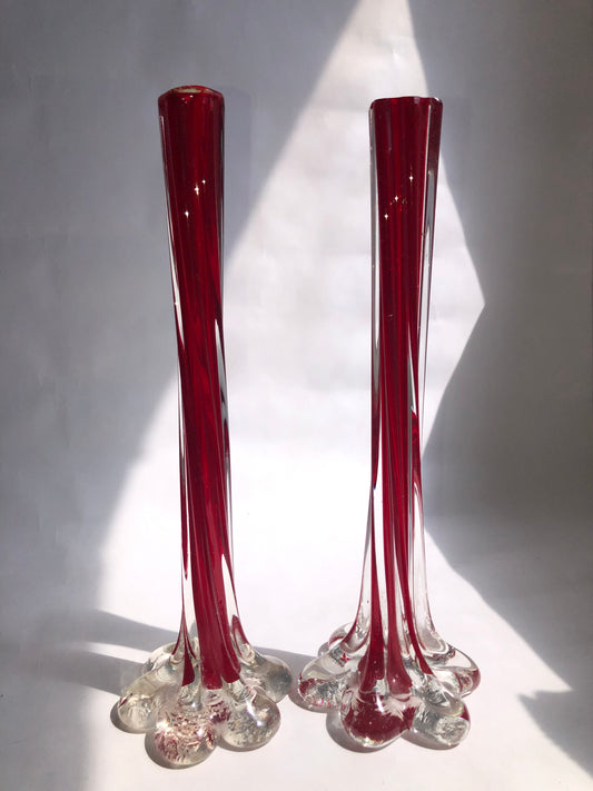 Pair Vintage Red Art Glass Soliflore Vases Lobed Feet (Mismatched Rims)