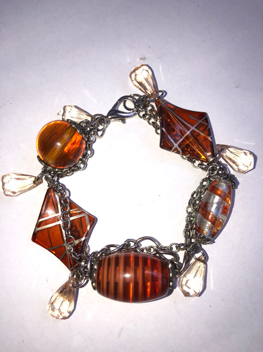 Chunky Amber & Brown Tone Resin Bead Charm Bracelet with Teardrop Dangles