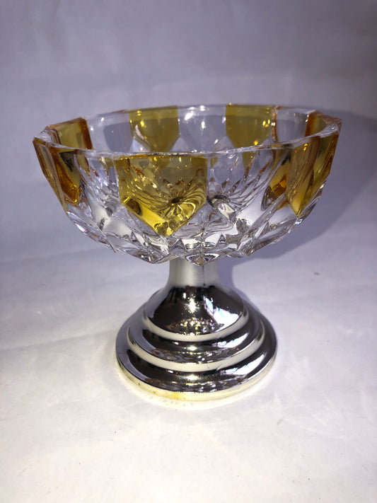 Vintage Cut Glass Style Bowl with Amber Panels on Detachable Metal Pedestal Base