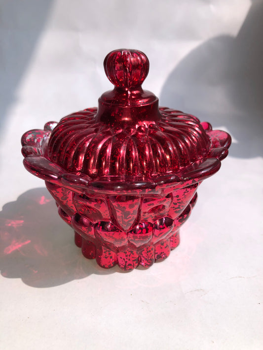 Vintage Red Glass Lidded Candy Dish - Textured, Mottled Finish