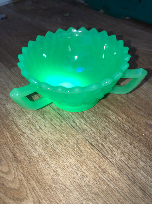 Vintage Jobling Uranium Glass 3-Handled Bowl - Pineapple Pattern