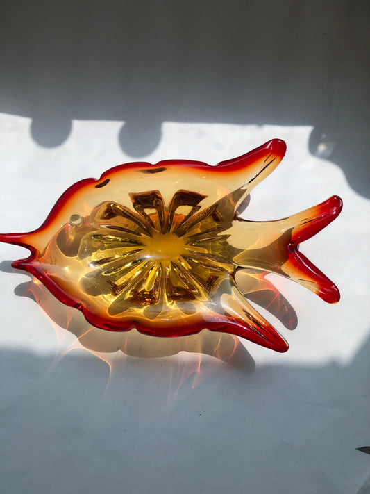 Vintage Murano-Style Art Glass Fish Dish / Ashtray - Amber & Red